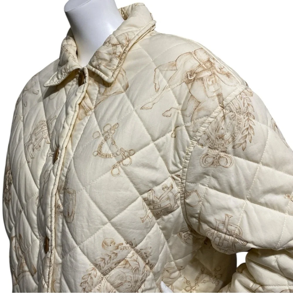 Lauren Ralph Lauren Quilted Cream Equestrian Print Button Utility Jacket Medium